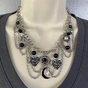 Whimsigoth Necklace Gothic Moon Charm Black Silvertone 14” To 18” Long